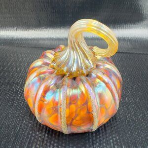 Hand Blown Heavy Iridescent Finish Art Glass Pumpkin Figurine Small Hand Crafted